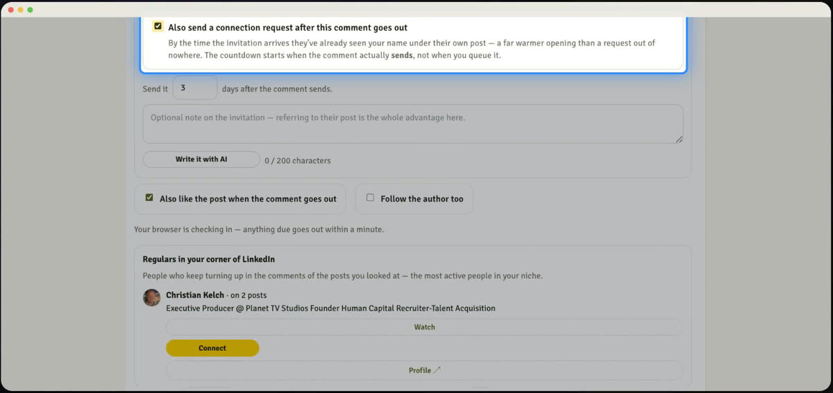 Setting the connection request to follow a comment a few days later