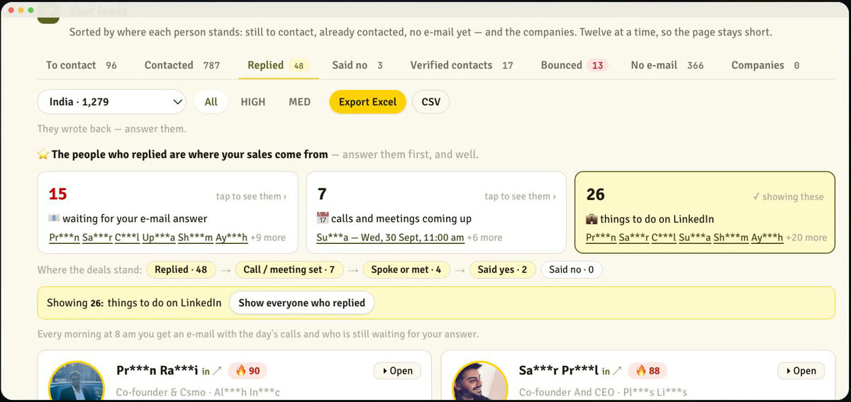 The Replied tab: who is waiting for an answer, calls coming up, things to do on LinkedIn
