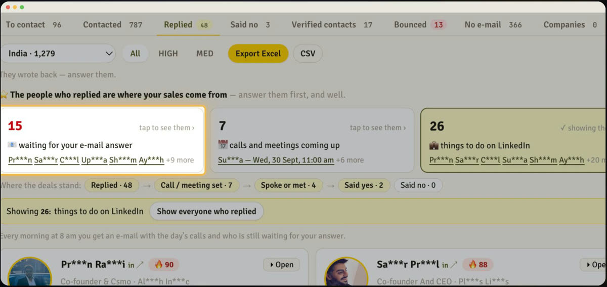 Lead Machine: the Replied tab showing who is waiting for an answer, calls coming up and where each deal stands