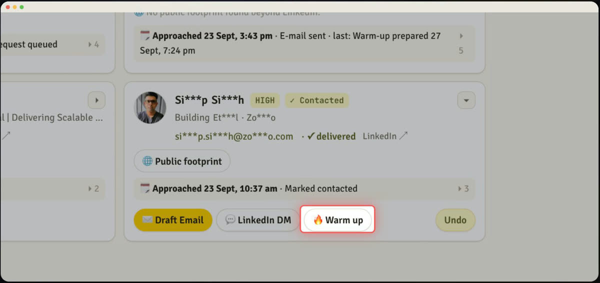A contacted lead with the Warm up button highlighted